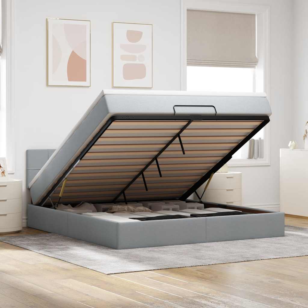 Ottoman-Bett mit Matratze & LEDs Hellgrau 160x200 cm Stoff