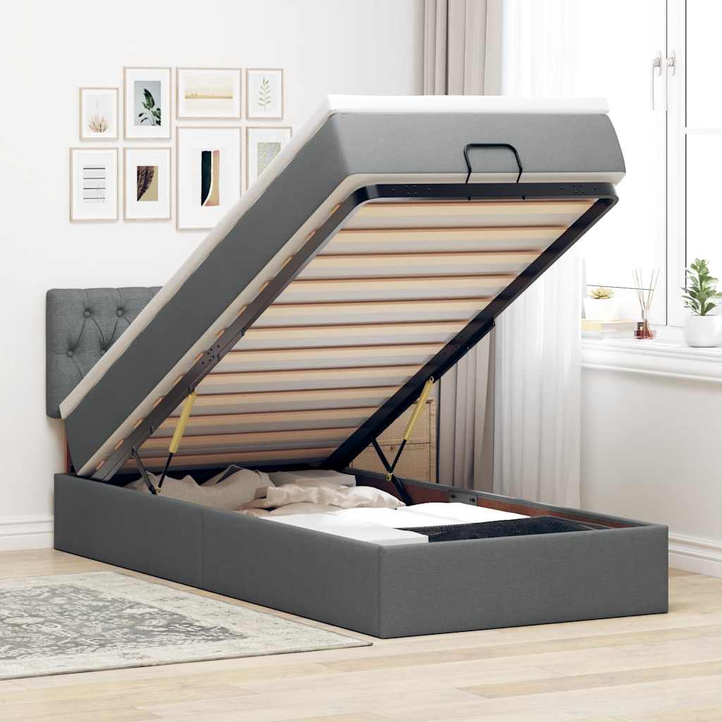 Ottoman-Bett mit Matratze & LEDs Dunkelgrau 90x190 cm Stoff