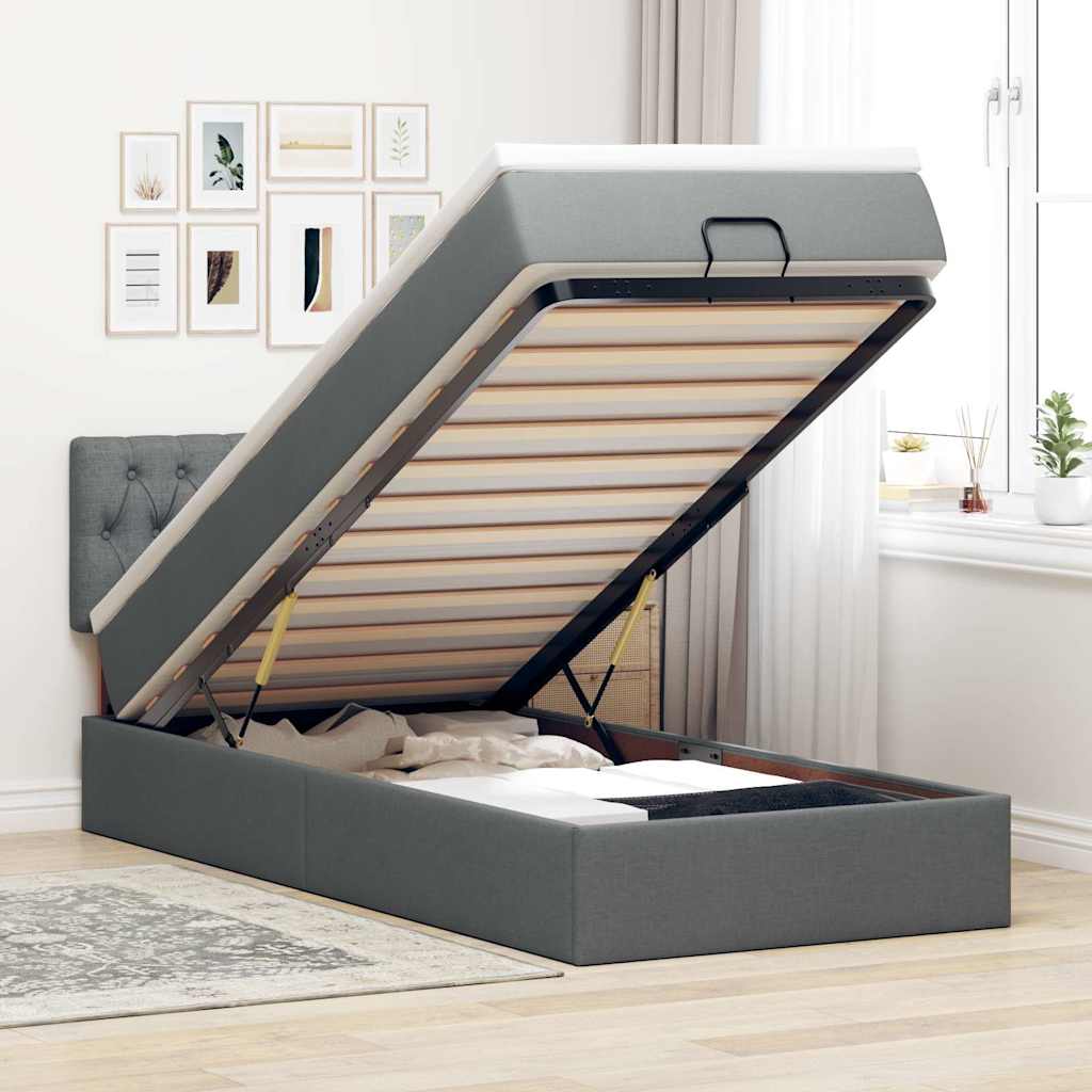 Ottomane Bett mit Matratze & LEDs Dunkelgrau 90x200 cm Stoff