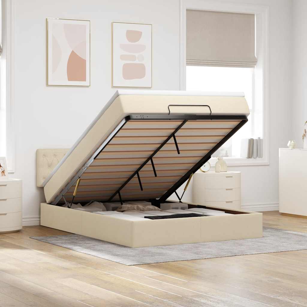 Ottomane Bett mit Matratze & LEDs Creme 140x190 cm Stoff