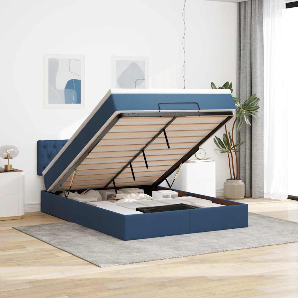 Ottomane Bett mit Matratze & LEDs Blau 140x190 cm Stoff