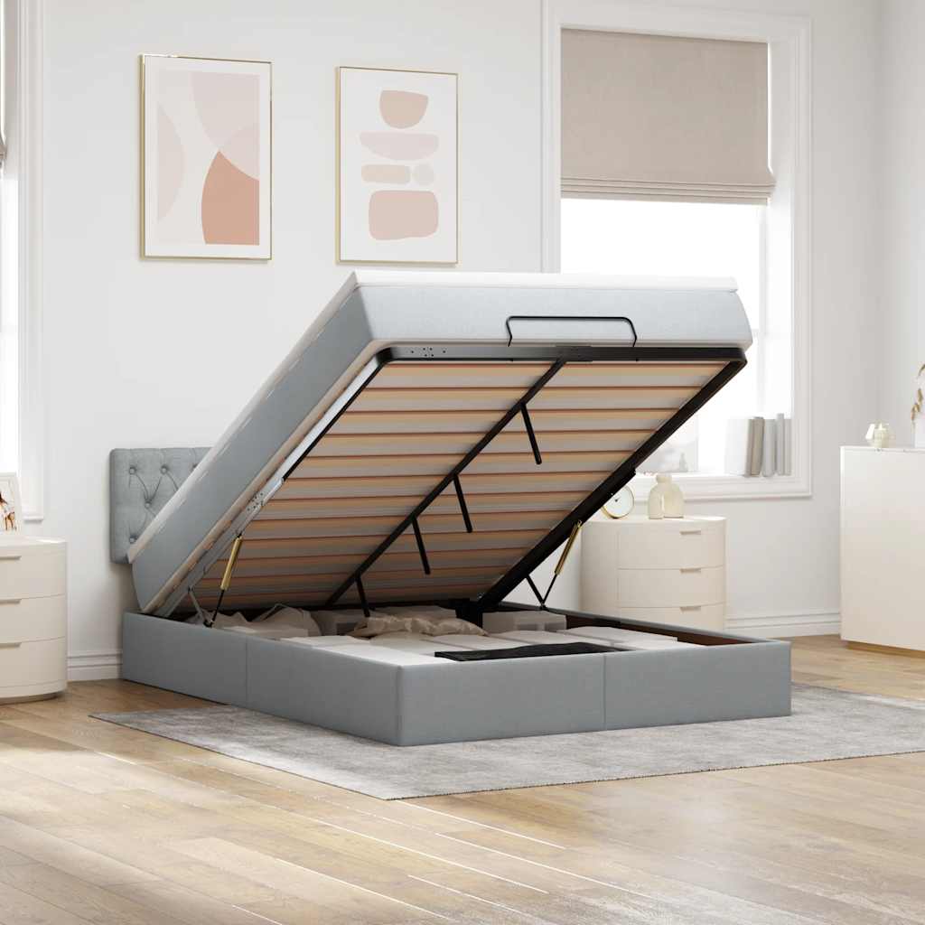 Ottoman-Bett mit Matratze & LEDs Hellgrau 140x200 cm Stoff