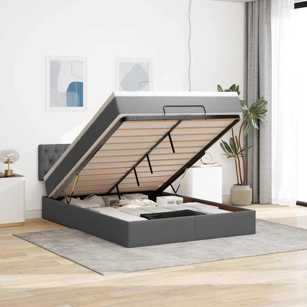 Ottomane Bett mit Matratze & LEDs Dunkelgrau 140x200 cm Stoff