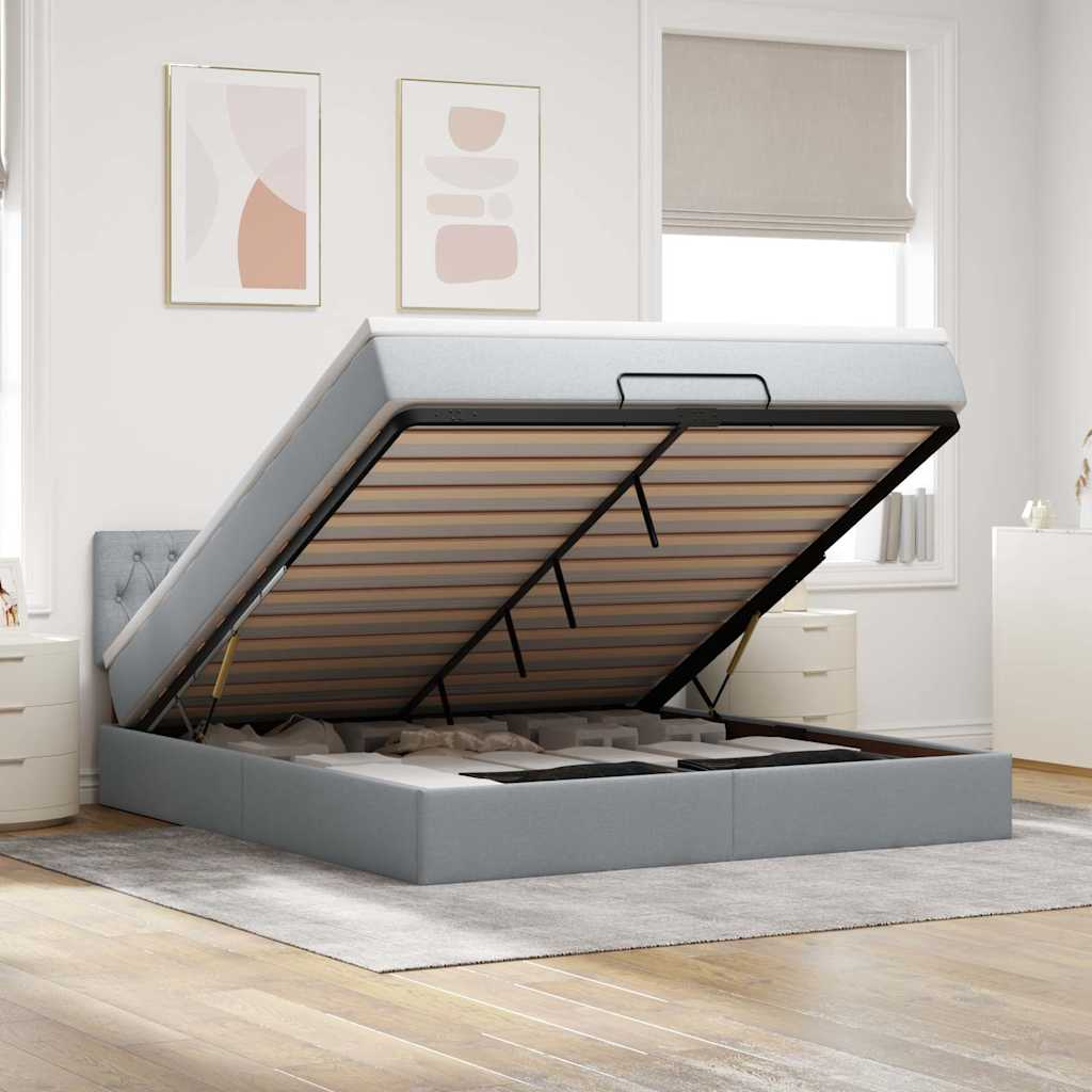 Ottoman-Bett mit Matratze & LEDs Hellgrau 160x200 cm Stoff