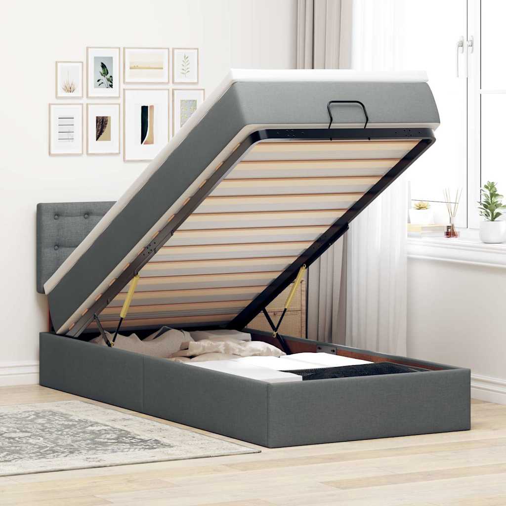 Ottoman-Bett mit Matratze & LEDs Dunkelgrau 90x190 cm Stoff