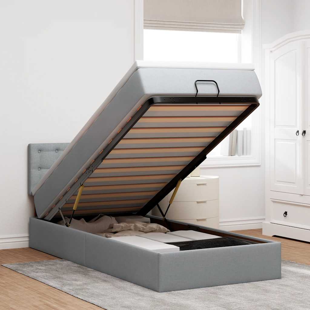 Ottoman-Bett mit Matratze & LEDs Hellgrau 100x200 cm Stoff