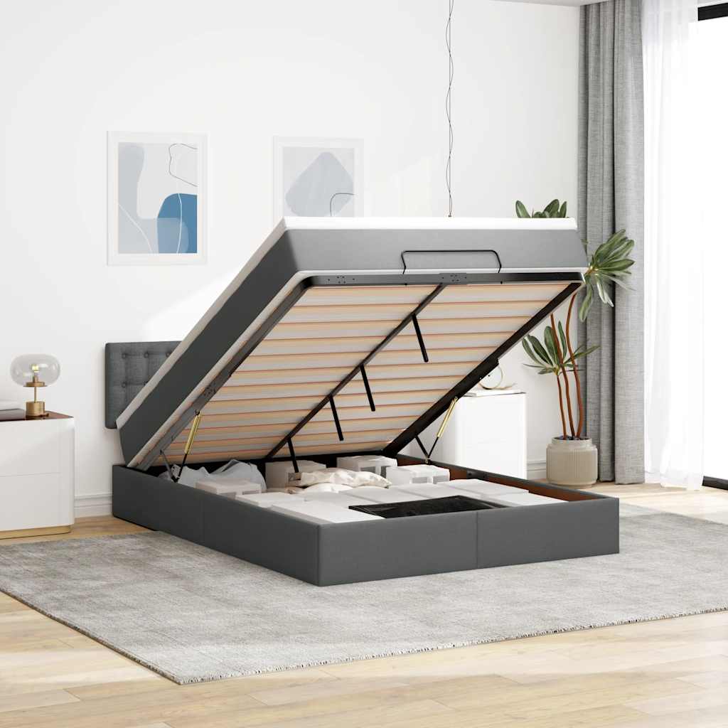 Ottomane Bett mit Matratze & LEDs Dunkelgrau 140x190 cm Stoff