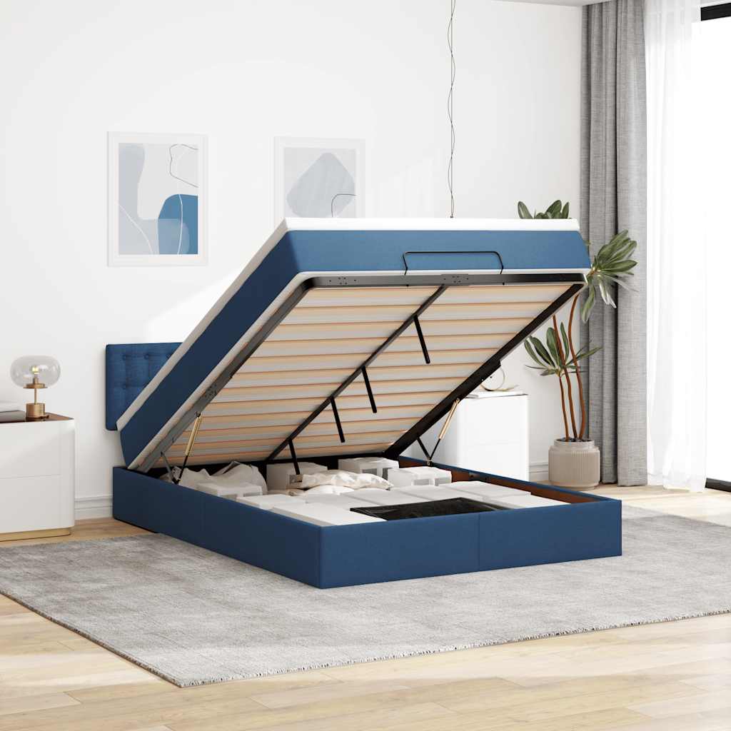 Ottomane Bett mit Matratze & LEDs Blau 140x190 cm Stoff