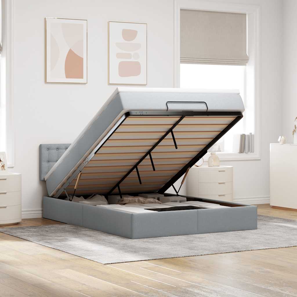 Ottoman-Bett mit Matratze & LEDs Hellgrau 140x200 cm Stoff