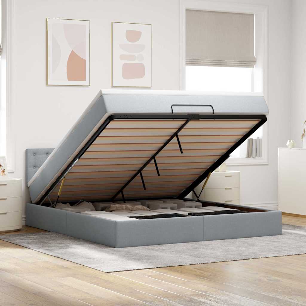 Ottoman-Bett mit Matratze & LEDs Hellgrau 160x200 cm Stoff