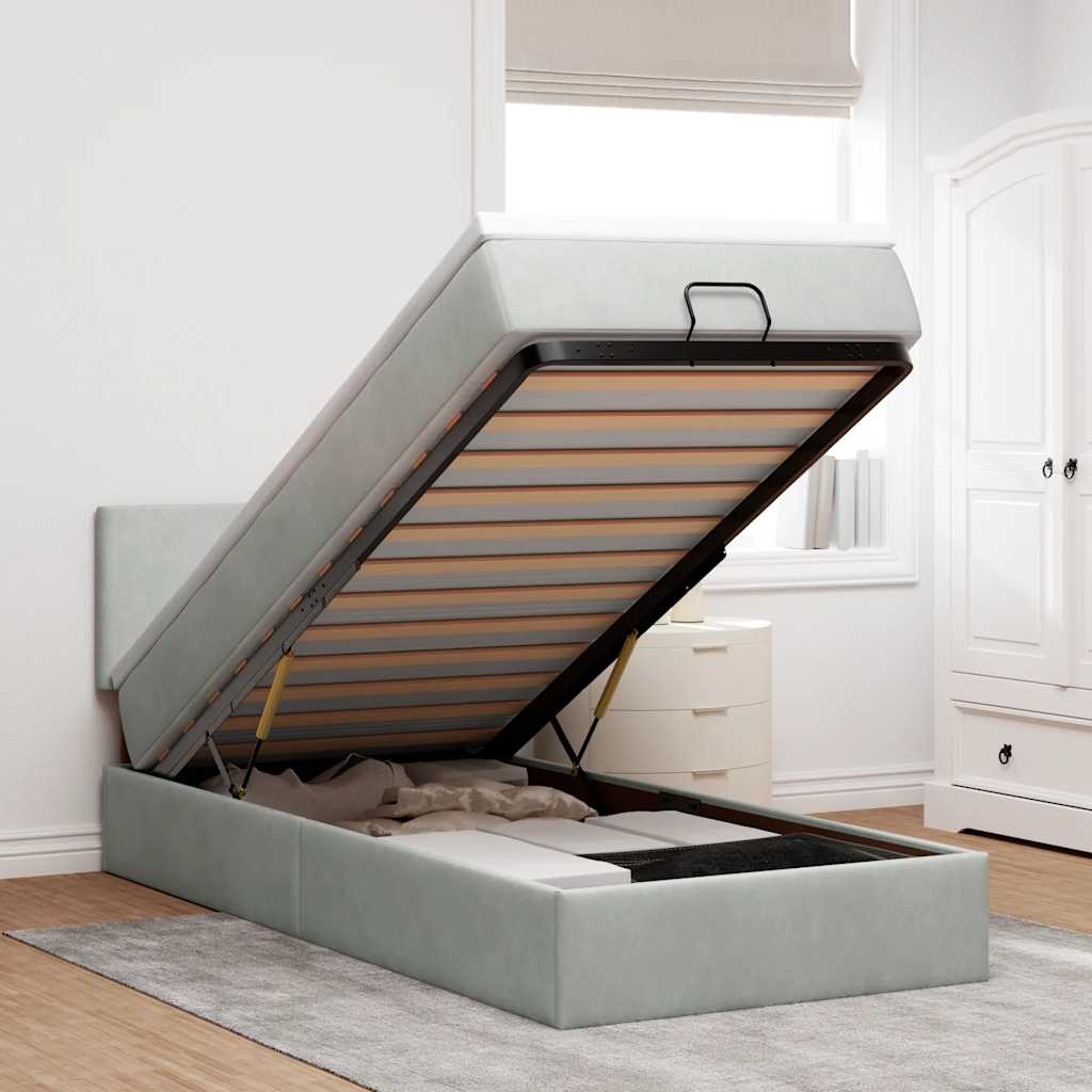 Ottoman-Bett mit Matratze & LEDs Hellgrau 90x190 cm Samt
