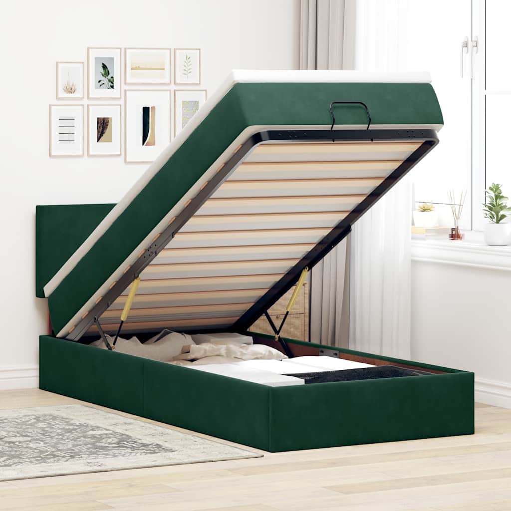 Ottomane Bett mit Matratze & LEDs Dunkelgrün 90x200 cm Samt