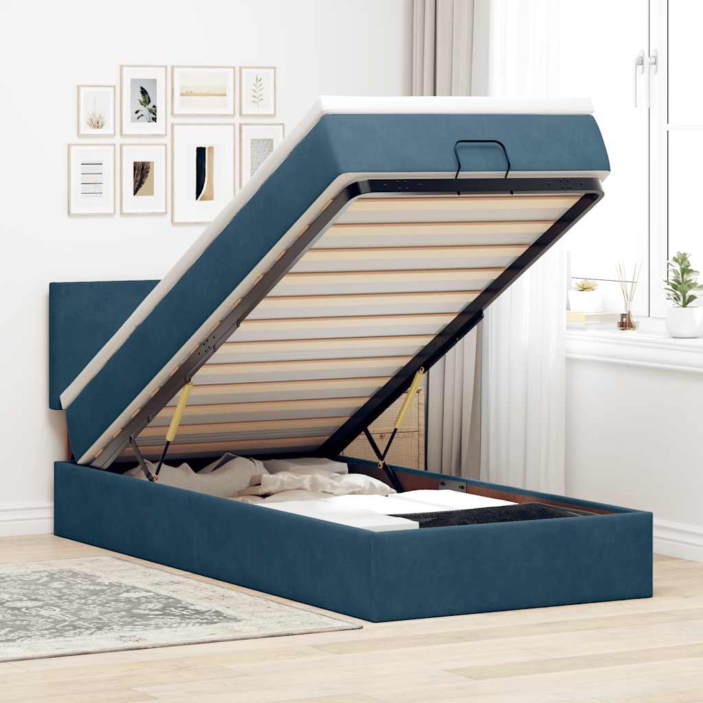 Ottoman-Bett mit Matratze & LEDs Dunkelblau 90x200 cm Samt
