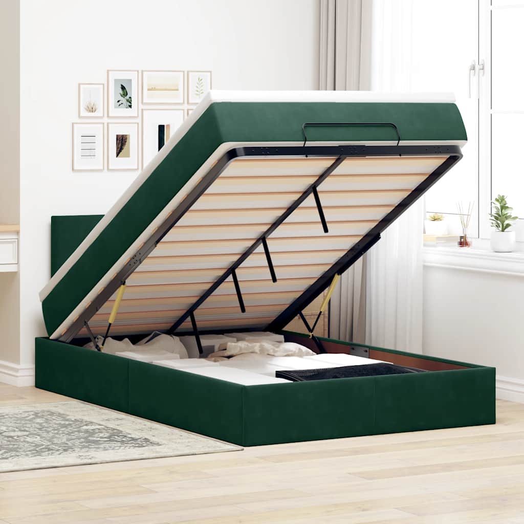 Ottomane Bett mit Matratze & LEDs Dunkelgrün 120x190 cm Samt