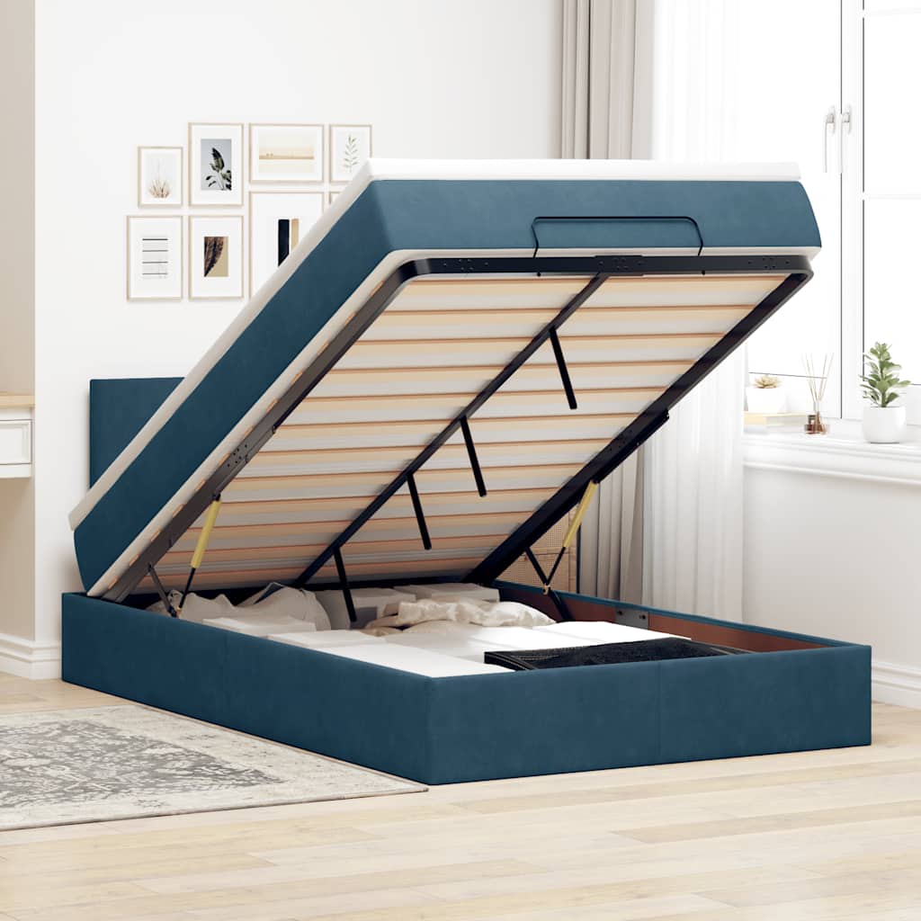 Ottomane Bett mit Matratze & LEDs Dunkelblau 120x190 cm Samt