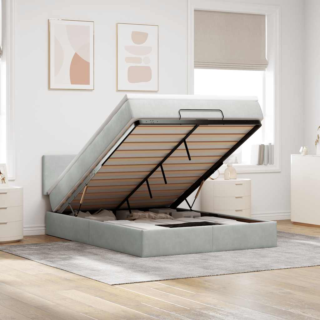 Ottoman-Bett mit Matratze & LEDs Hellgrau 140x190 cm Samt
