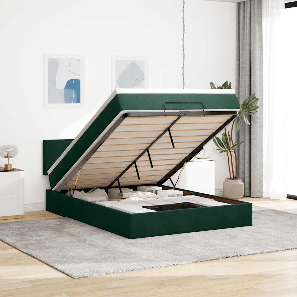 Ottoman-Bett mit Matratze & LEDs Dunkelgrün 140x200 cm Samt