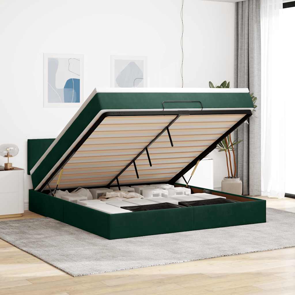 Ottoman-Bett mit Matratze & LEDs Dunkelgrün 160x200 cm Samt