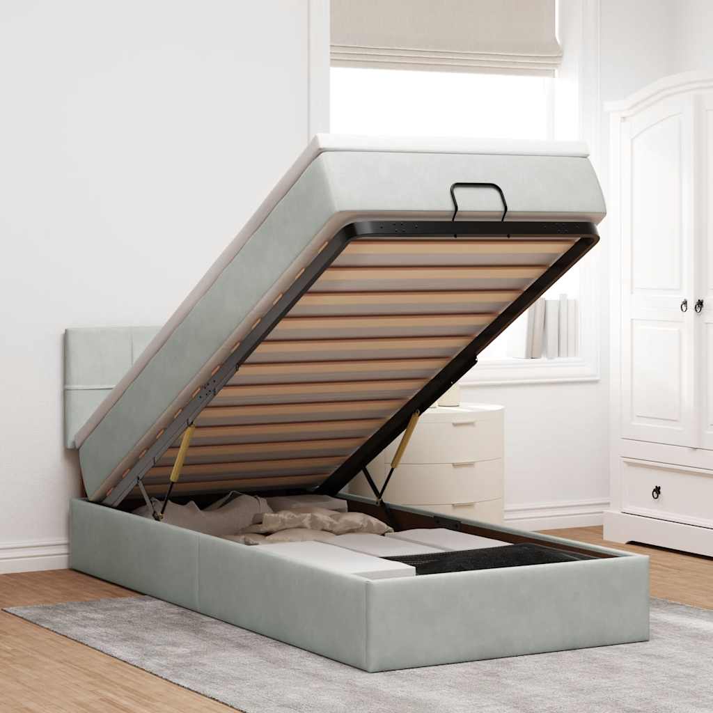 Ottoman-Bett mit Matratze & LEDs Hellgrau 90x190 cm Samt