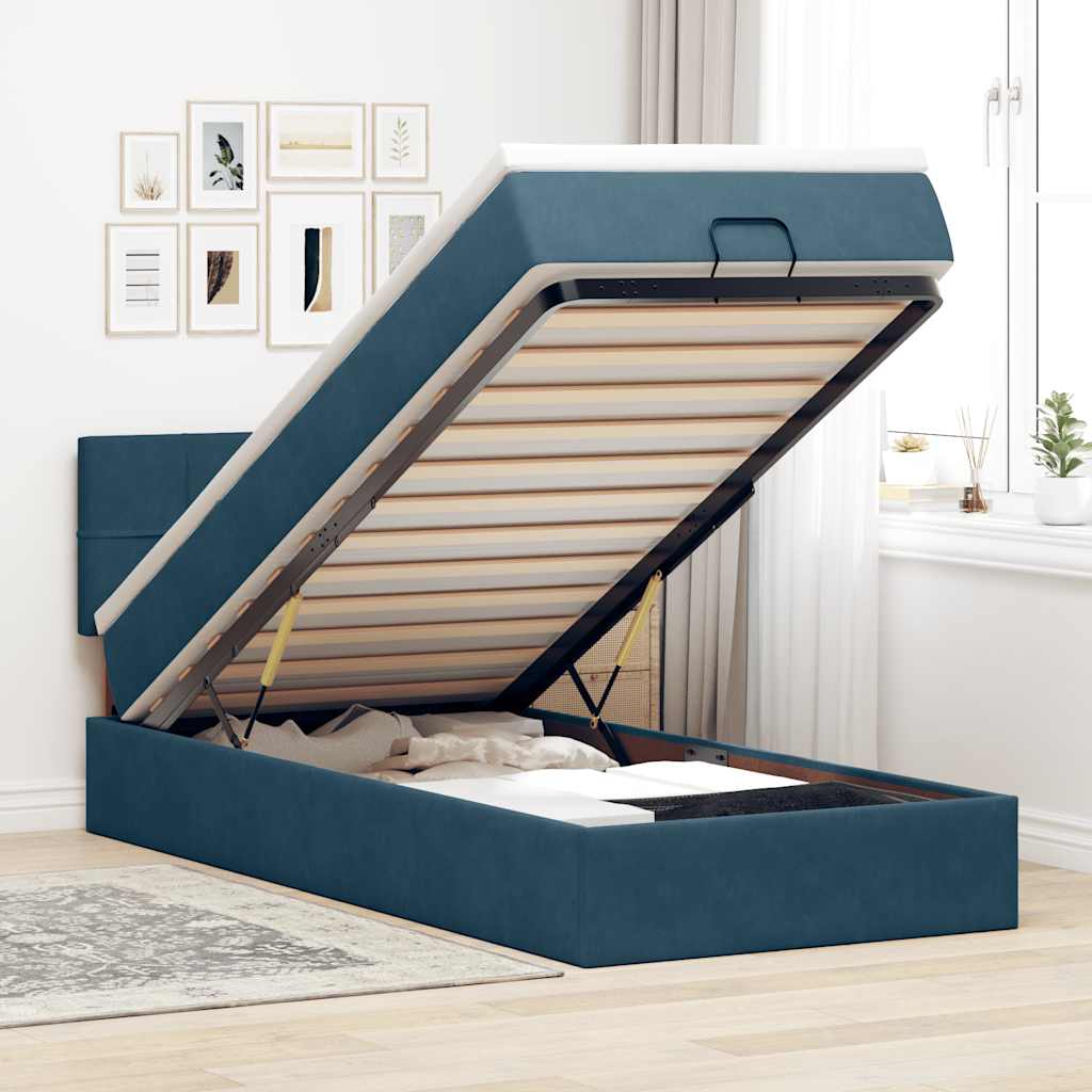 Ottoman-Bett mit Matratze & LEDs Dunkelblau 90x200 cm Samt
