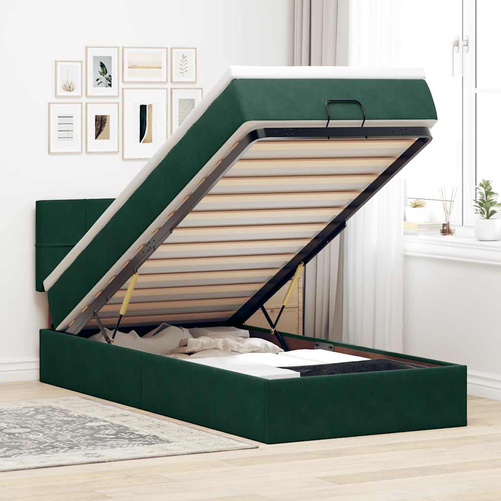 Ottoman-Bett mit Matratze & LEDs Dunkelgrün 100x200 cm Samt