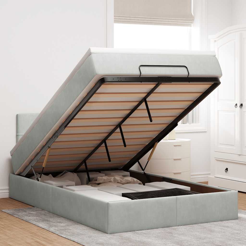 Ottomane Bett mit Matratze & LEDs Hellgrau 120x190 cm Samt