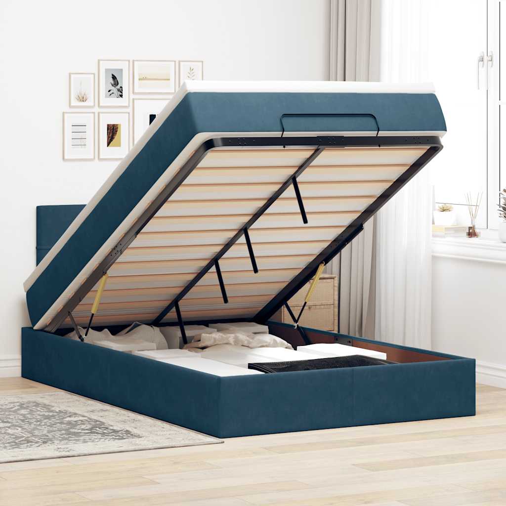 Ottomane Bett mit Matratze & LEDs Dunkelblau 120x190 cm Samt