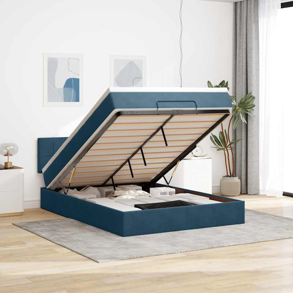 Ottoman-Bett mit Matratze & LEDs Dunkelblau 140x190 cm Samt
