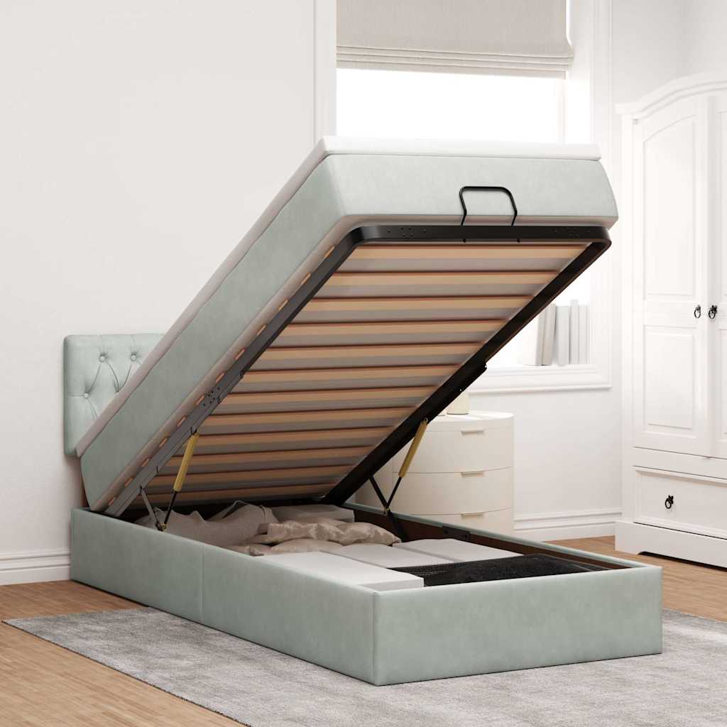 Ottoman-Bett mit Matratze & LEDs Hellgrau 90x200 cm Samt