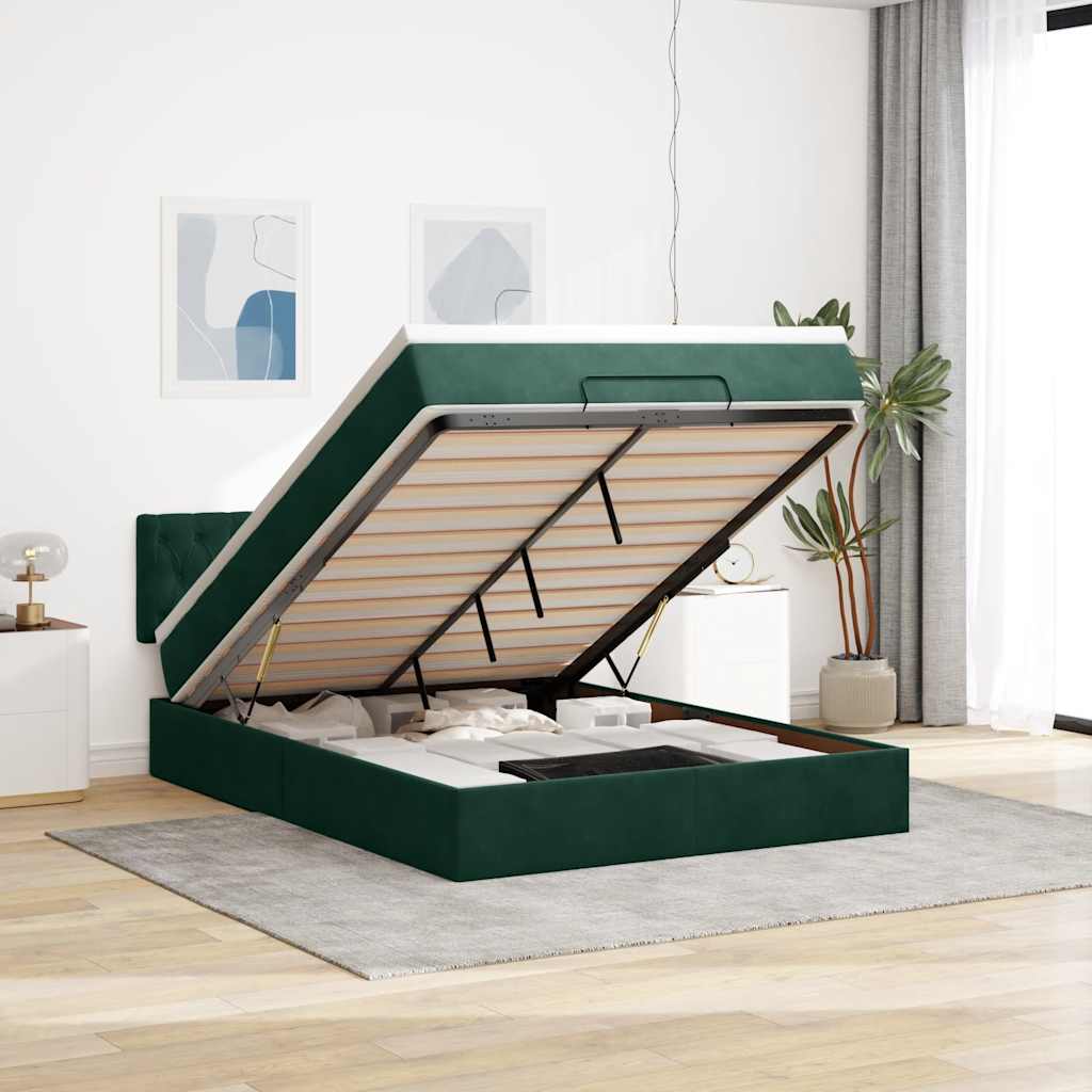 Ottoman-Bett mit Matratze & LEDs Dunkelgrün 140x190 cm Samt