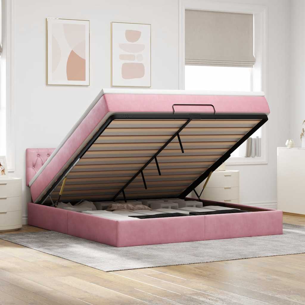 Ottoman-Bett mit Matratze & LEDs Rosa 160x200 cm Samt