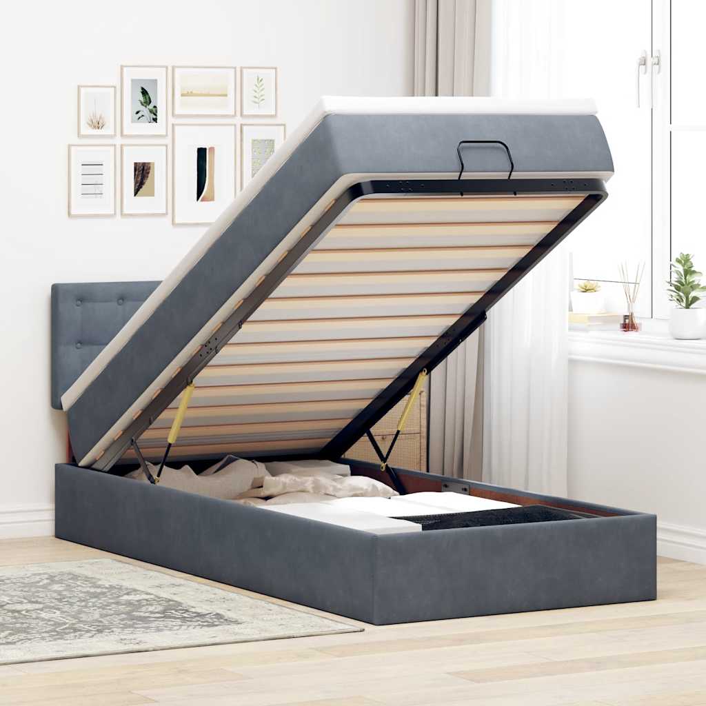 Ottoman-Bett mit Matratze & LEDs Dunkelgrau 90x190 cm Samt