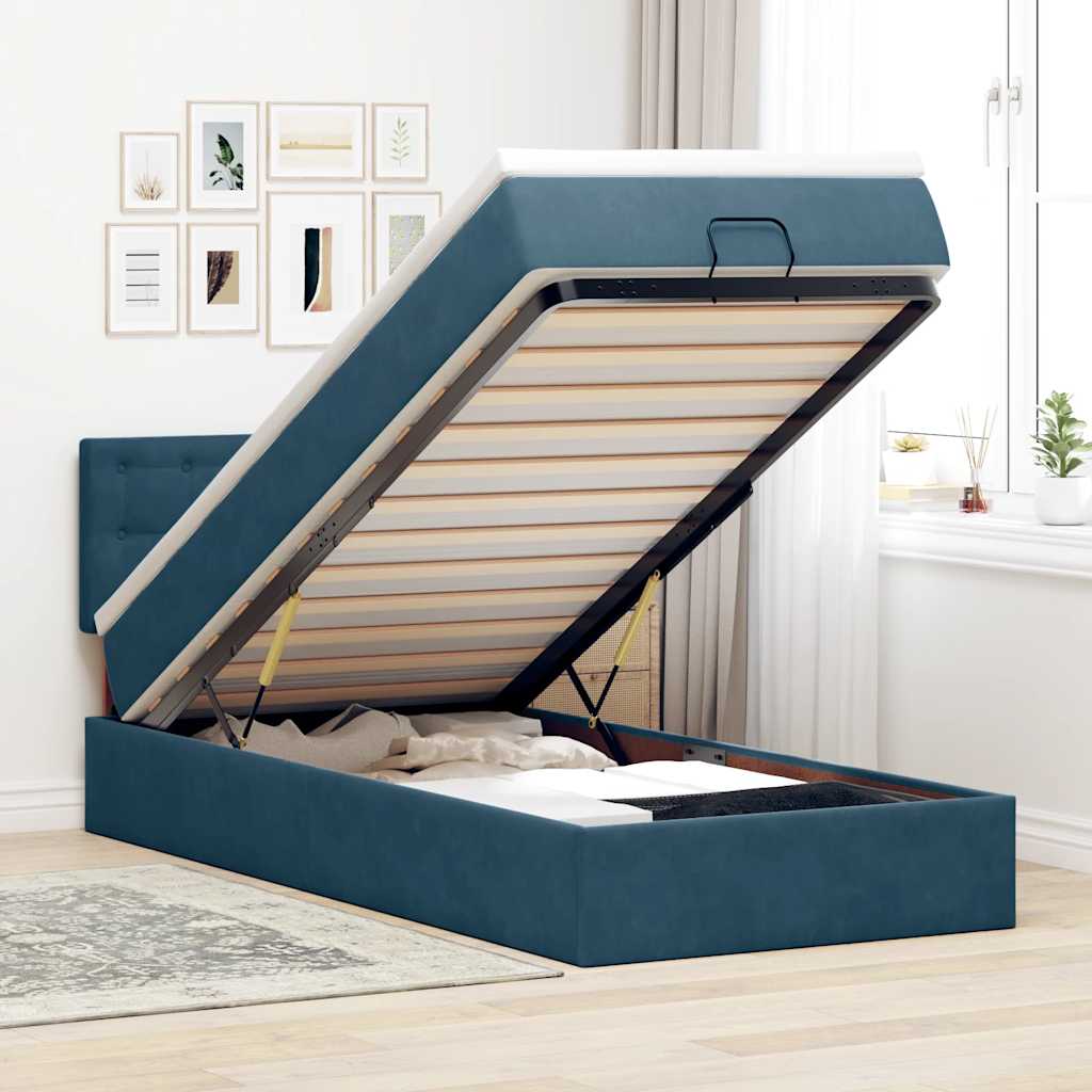 Ottoman-Bett mit Matratze & LEDs Dunkelblau 90x190 cm Samt
