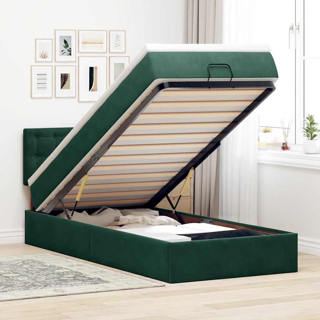 Ottoman-Bett mit Matratze & LEDs Dunkelgrün 100x200 cm Samt