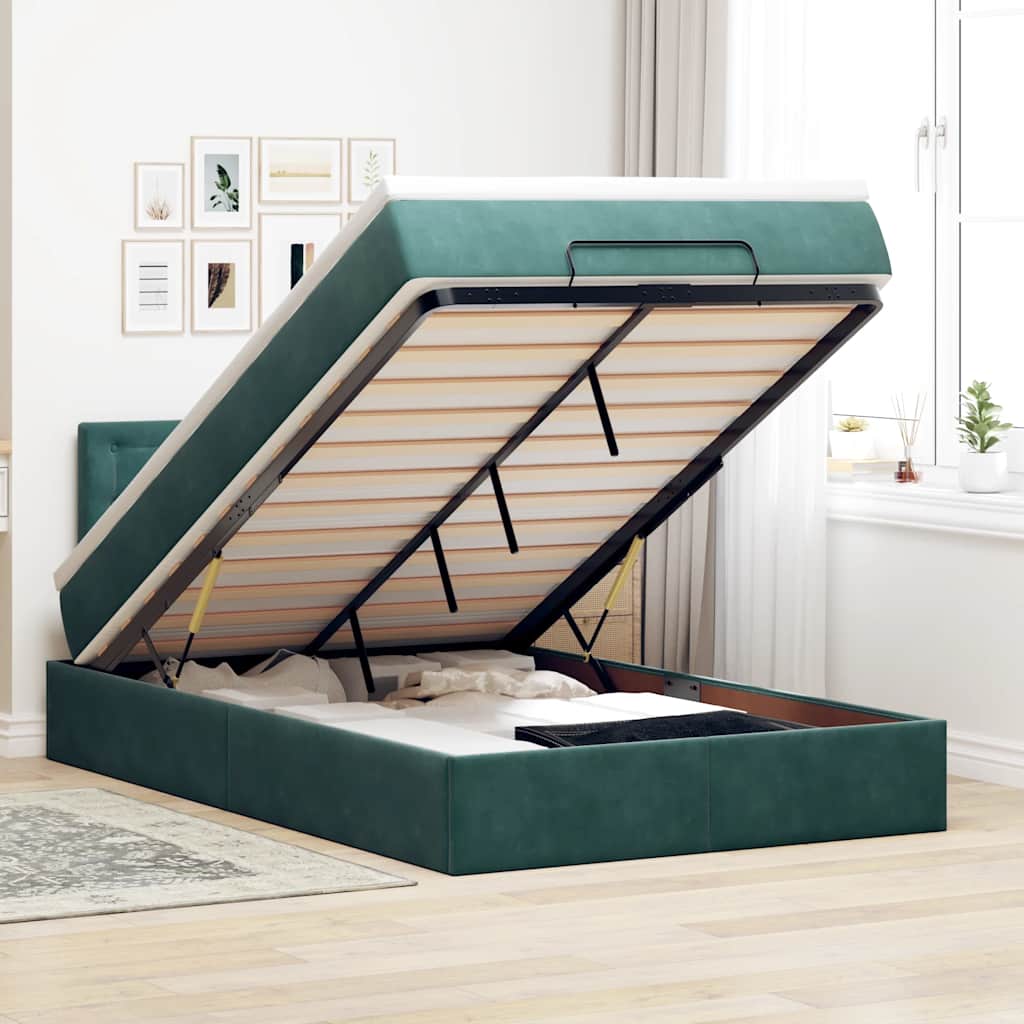 Ottomane Bett mit Matratze & LEDs Dunkelgrün 120x190 cm Samt