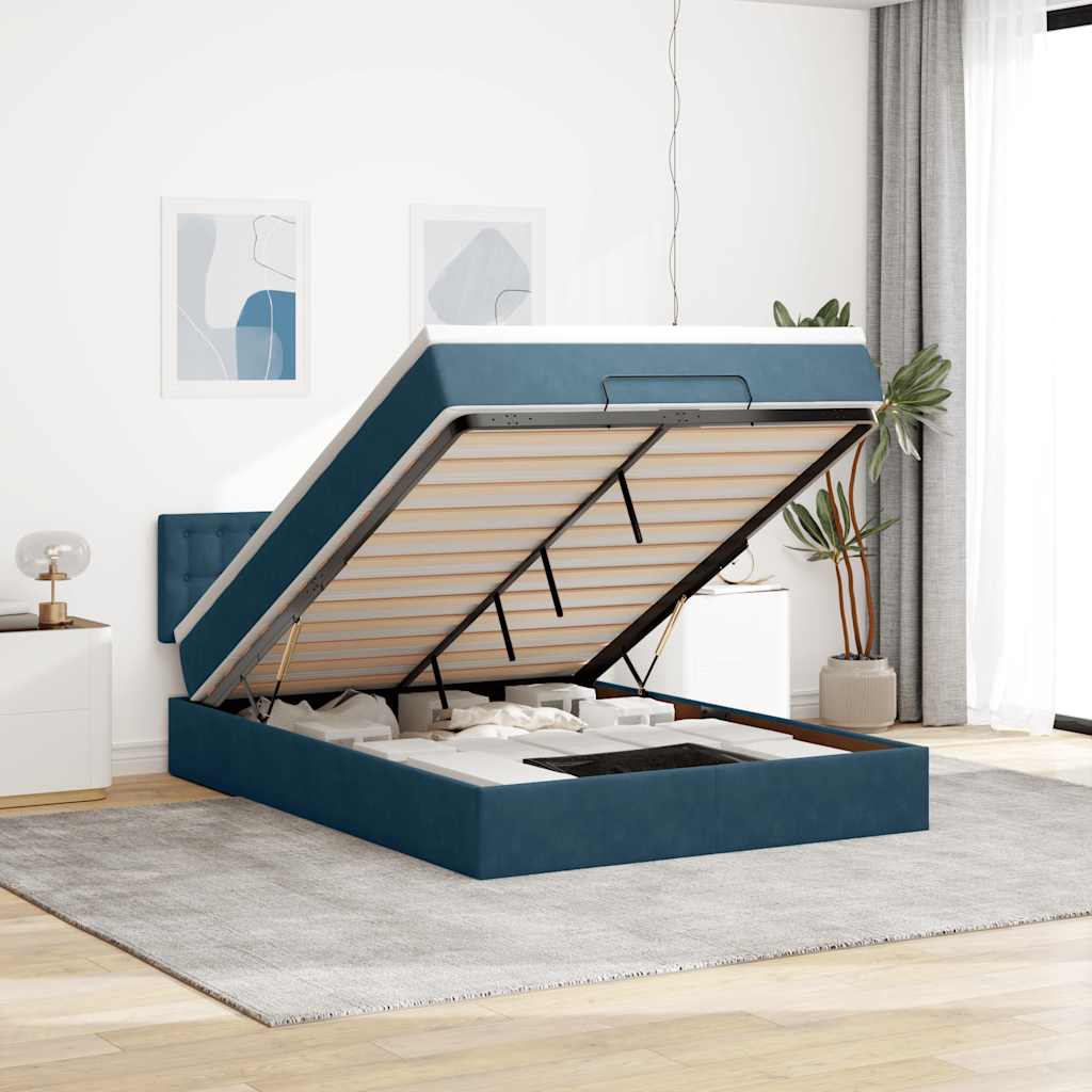 Ottoman-Bett mit Matratze & LEDs Dunkelblau 140x190 cm Samt