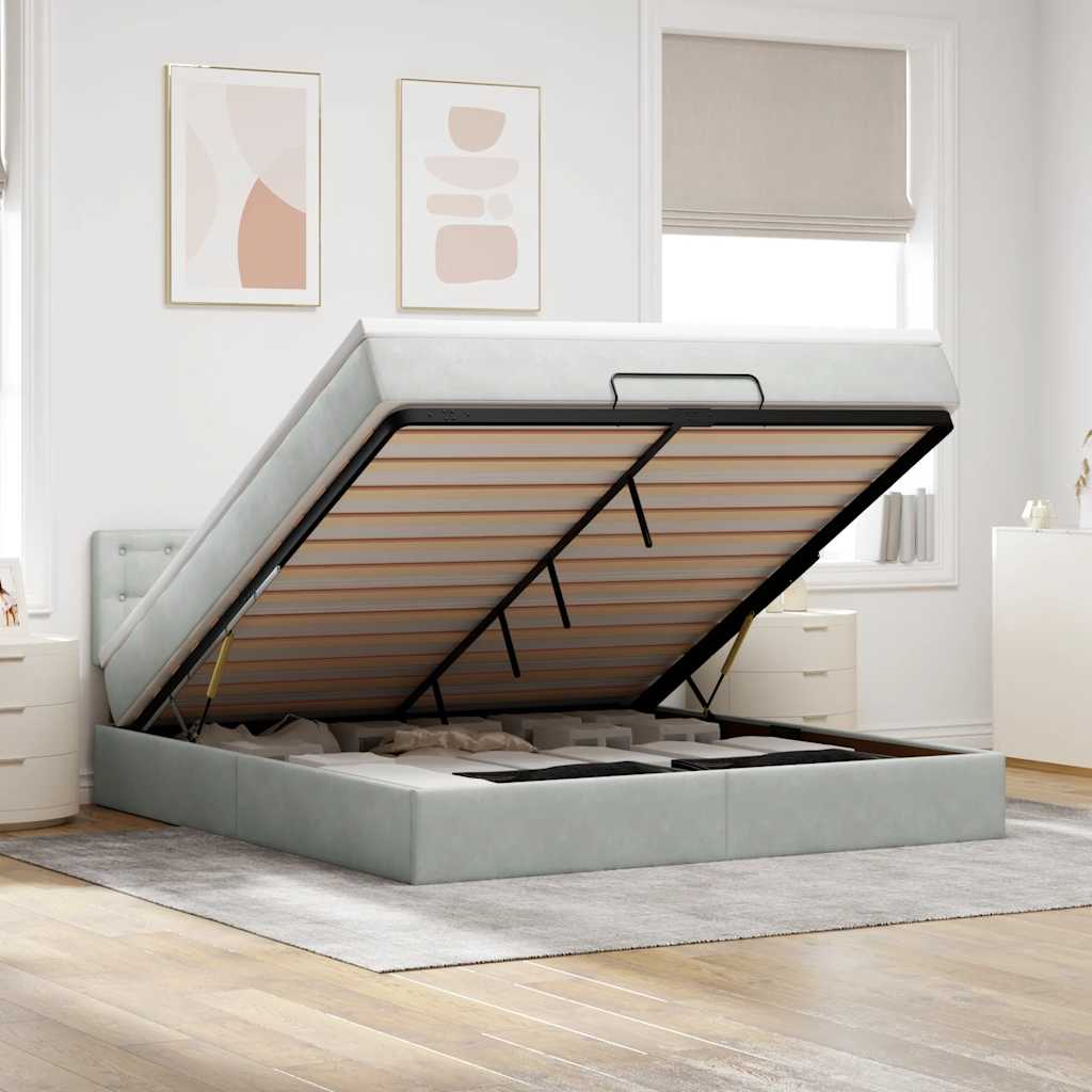 Ottoman-Bett mit Matratze & LEDs Hellgrau 160x200 cm Samt