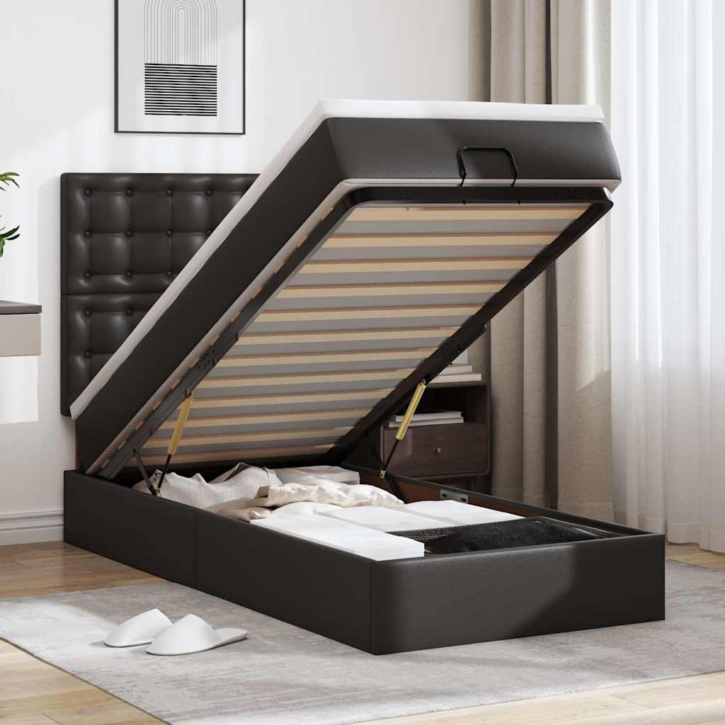 Ottoman-Bett mit Matratze Schwarz 80x200 cm Kunstleder