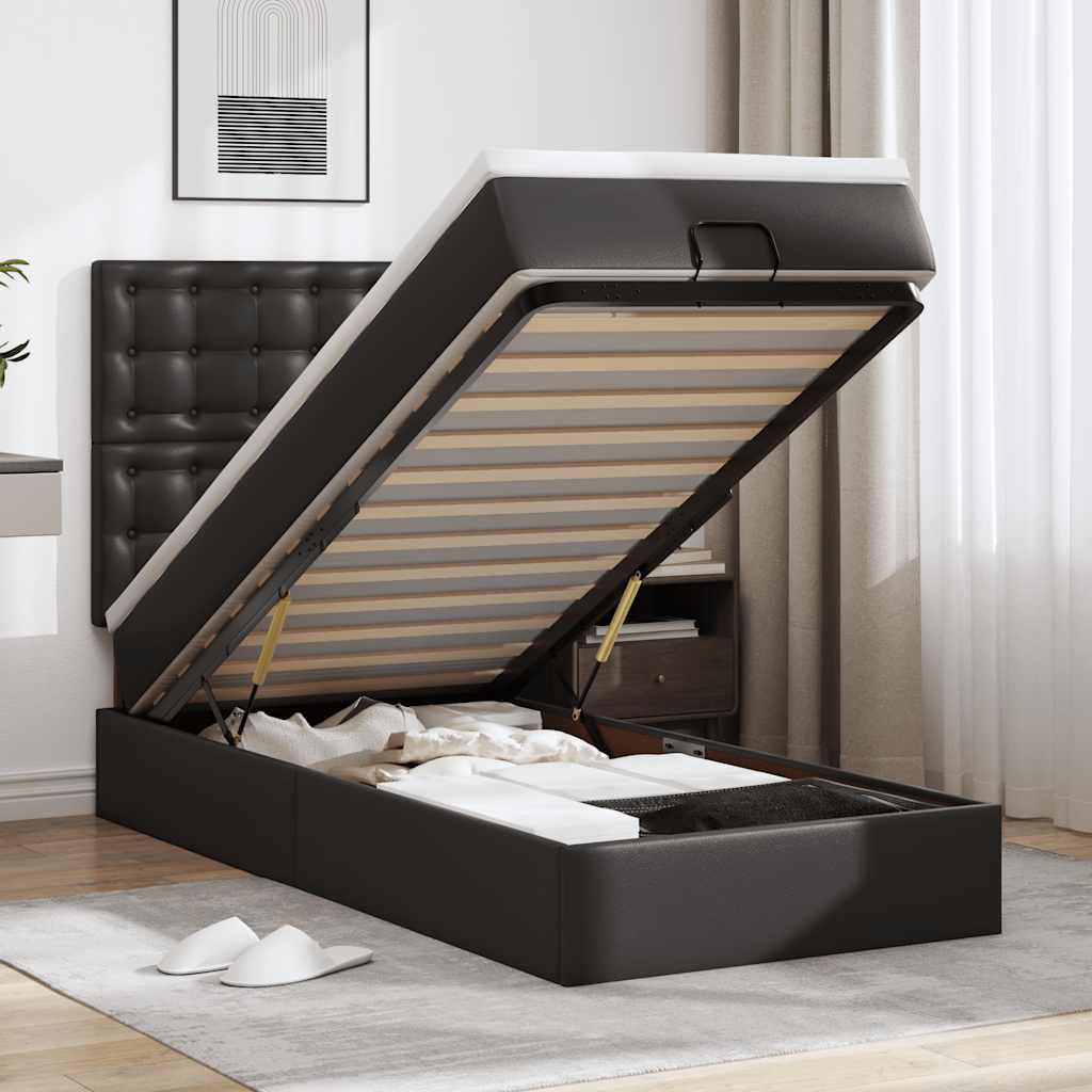 Ottoman-Bett mit Matratze Schwarz 90x200 cm Kunstleder