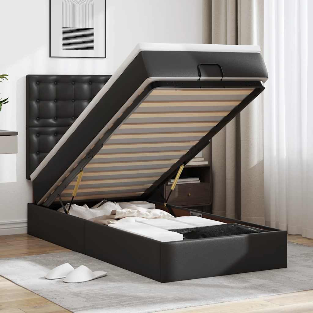 Ottoman-Bett mit Matratze & LEDs Schwarz 80x200 cm Kunstleder