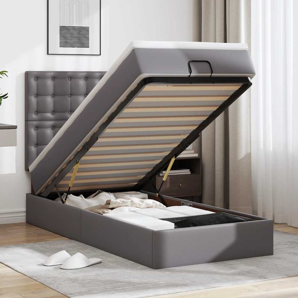 Ottoman-Bett mit Matratze & LEDs Grau 90x200 cm Kunstleder