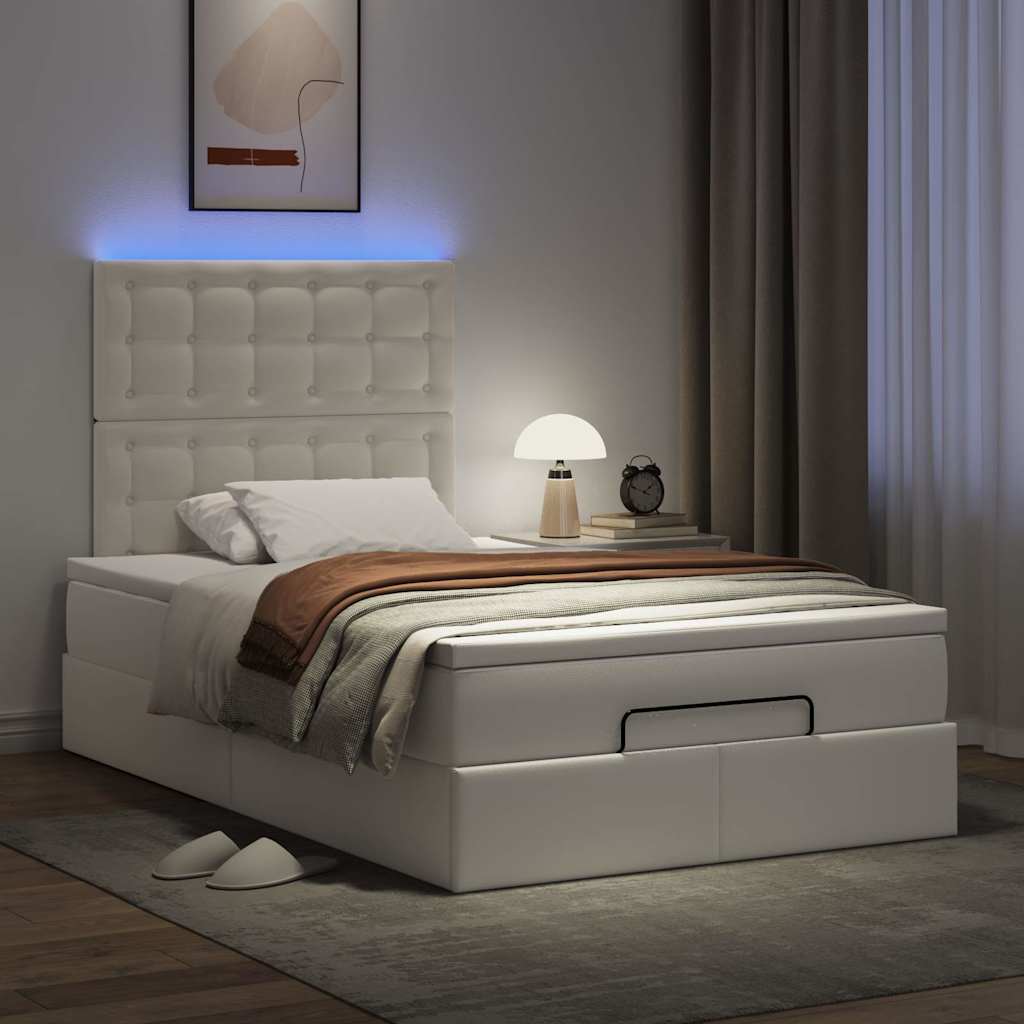 Ottoman-Bett mit Matratze & LEDs Weiß 120x190 cm Kunstleder