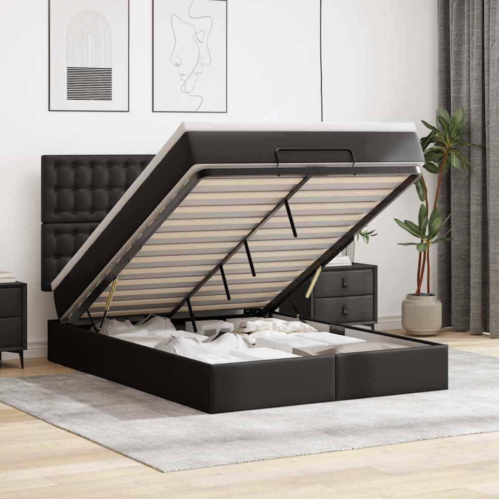 Ottoman-Bett mit Matratze & LEDs Schwarz 140x190 cm Kunstleder