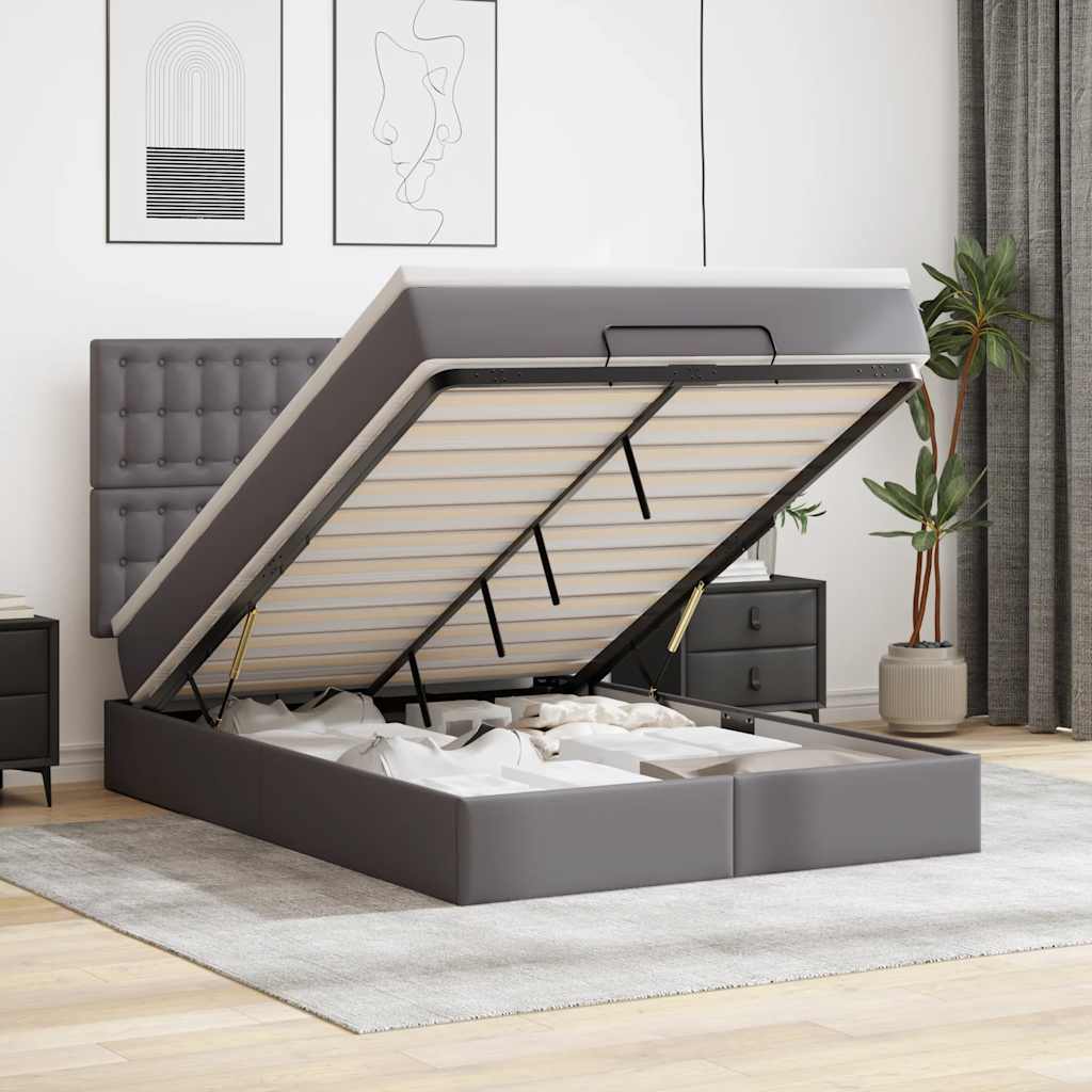 Ottoman-Bett mit Matratze & LEDs Grau 140x190 cm Kunstleder