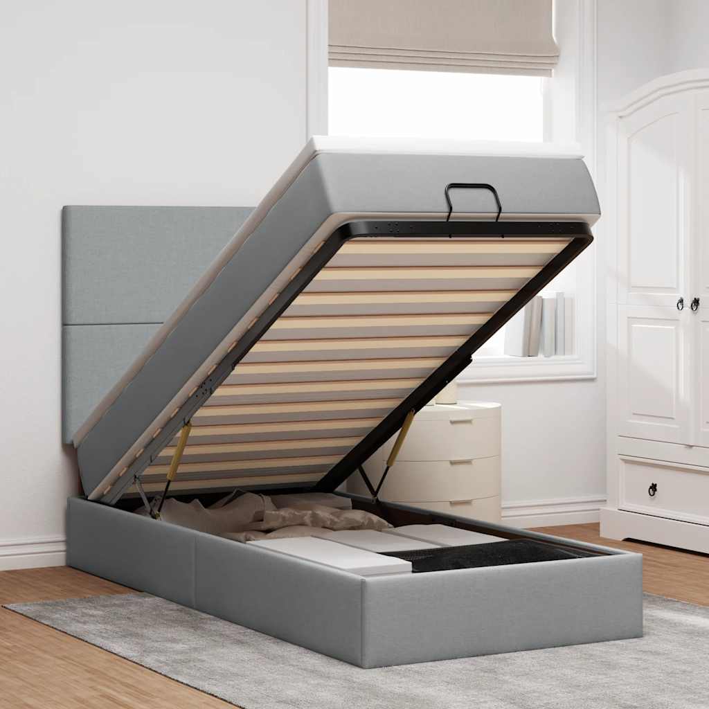Ottoman-Bett mit Matratze & LEDs Hellgrau 90x190 cm Stoff