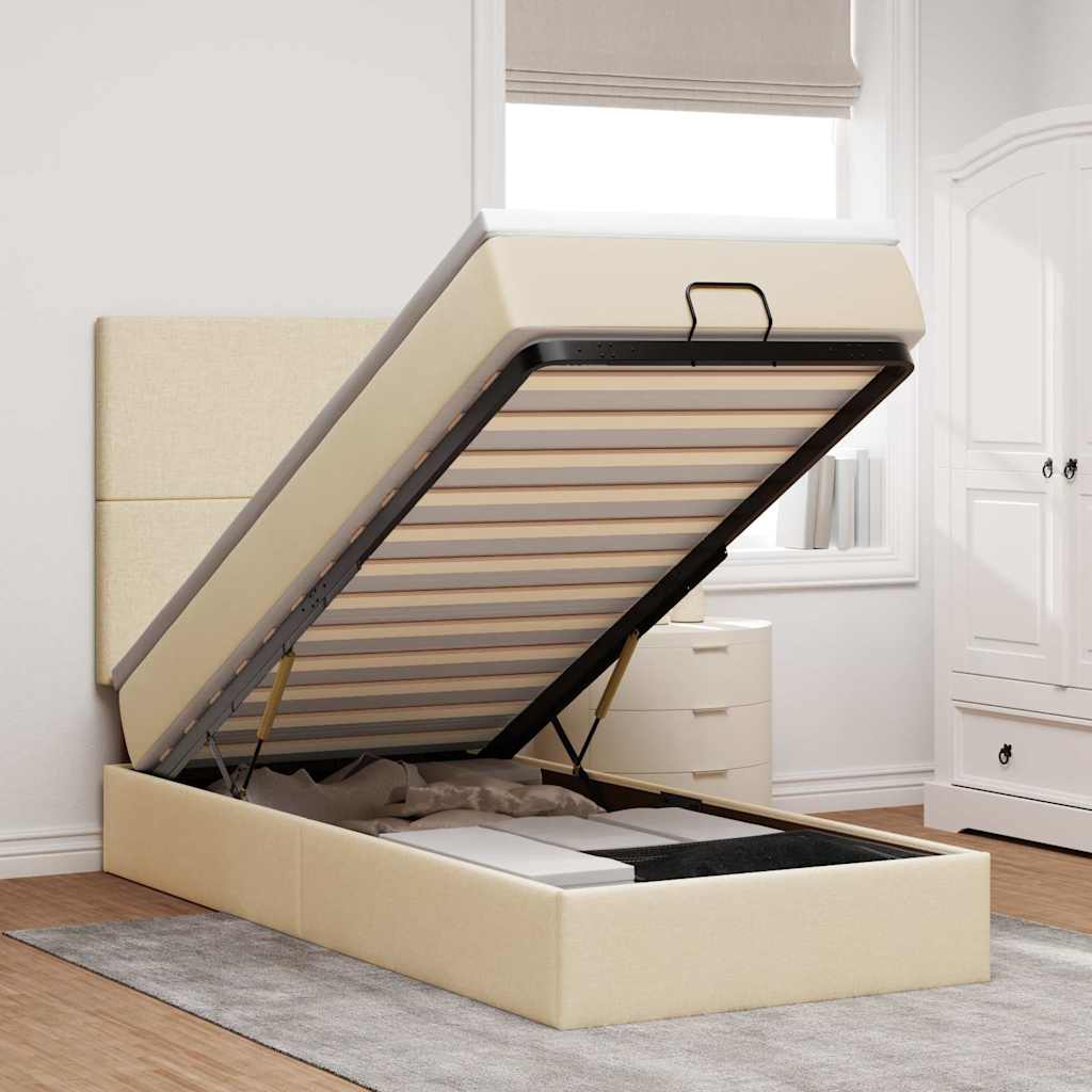 Ottomane Bett mit Matratze & LEDs Creme 90x200 cm Stoff