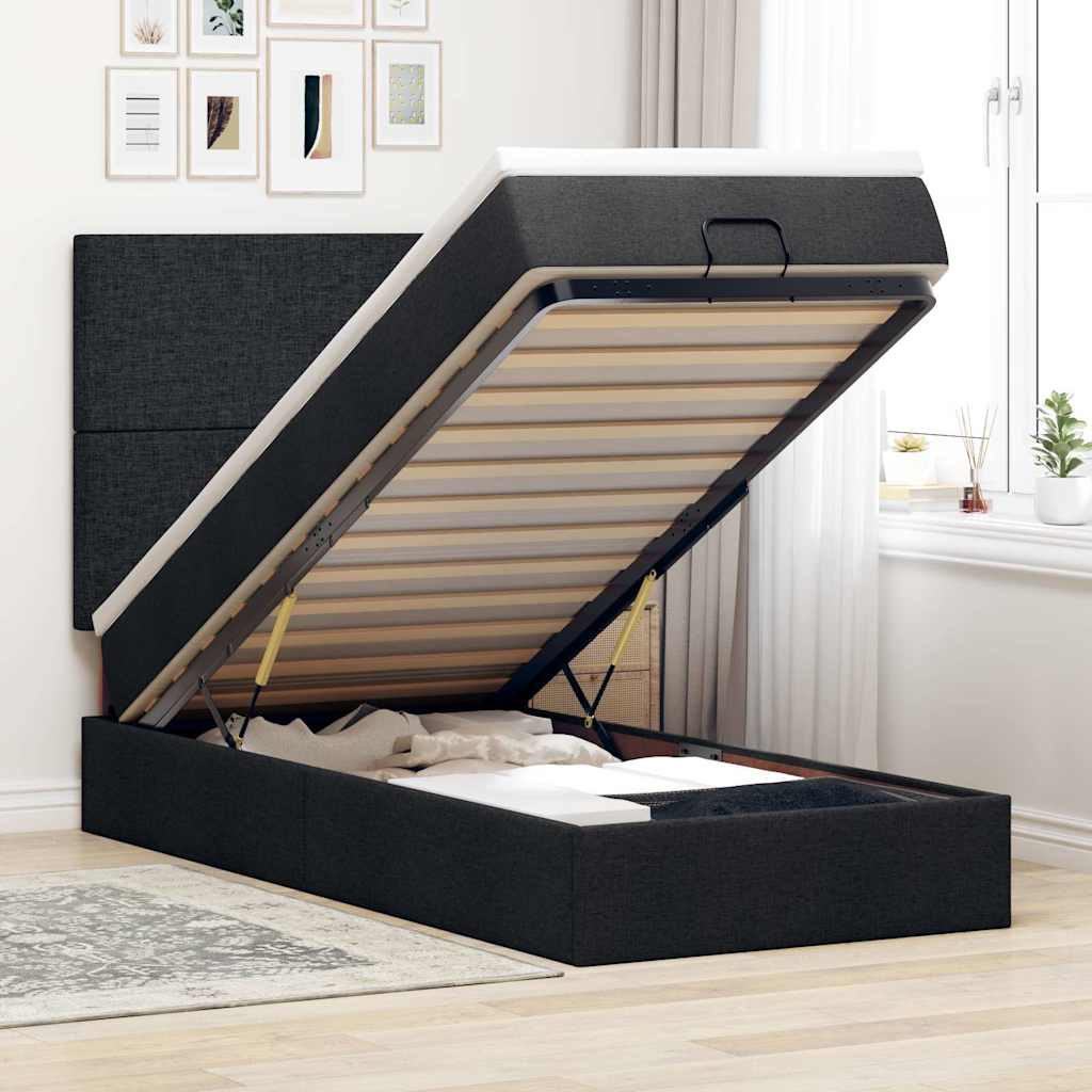Ottoman-Bett mit Matratze & LEDs Schwarz 100x200 cm Stoff