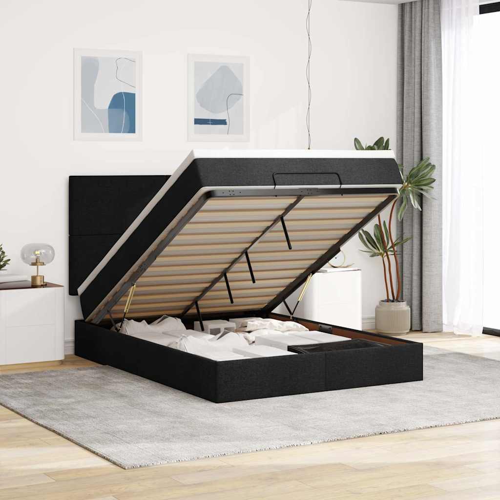 Ottoman-Bett mit Matratze & LEDs Schwarz 140x190 cm Stoff