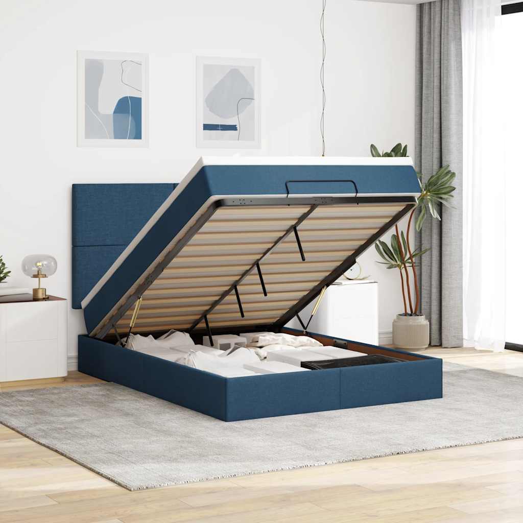 Ottoman-Bett mit Matratze & LEDs Blau 140x190 cm Stoff