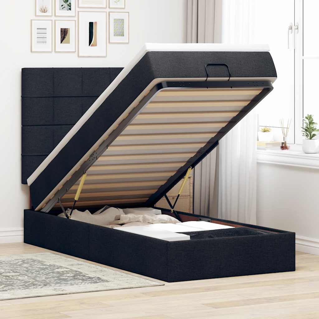 Ottoman-Bett mit Matratze & LEDs Schwarz 90x200 cm Stoff